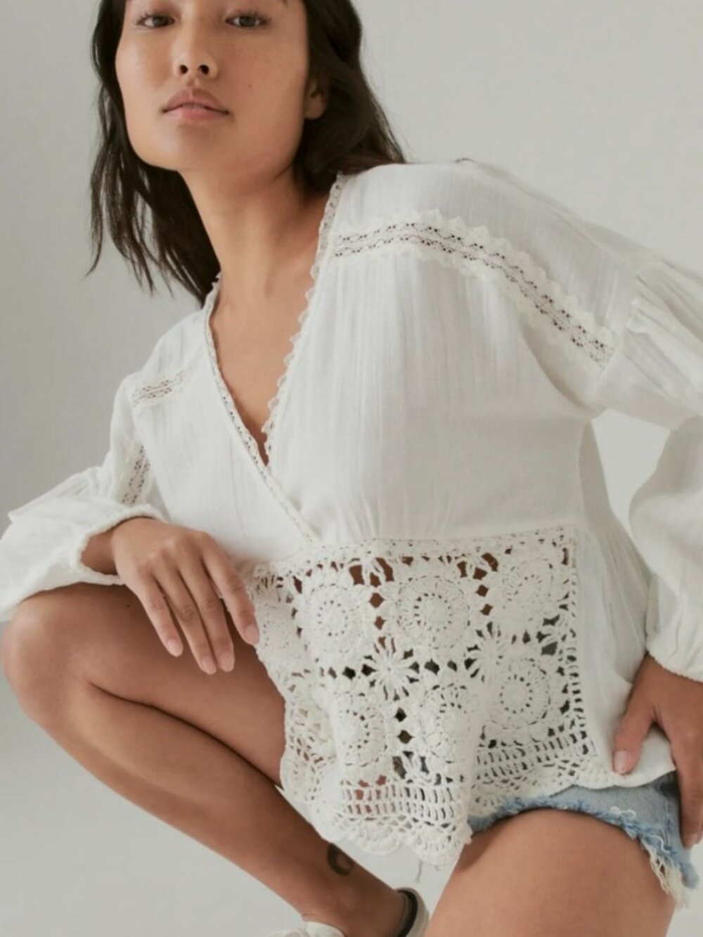 Lucky Brand Long-Sleeve Crocheted Top. Size Large. Color: Off-White. Gently Used